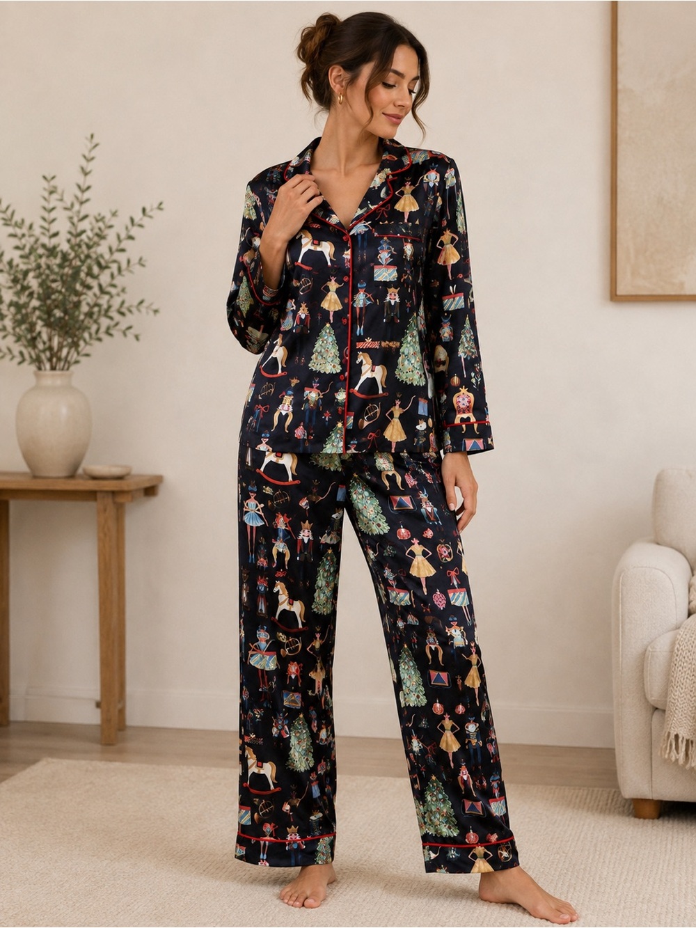 Sheshow Holiday-Print Satin Pajama Set in Navy Large